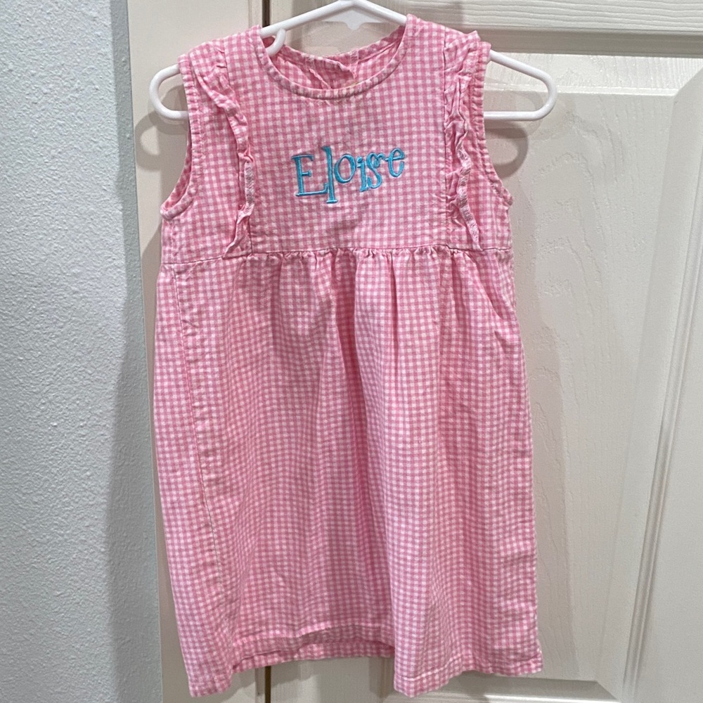 Pink Gingham Sleeveless Dress with Eloise monogram
